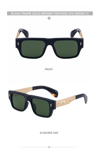 Detail of square vintage sunglasses with black frames and gold engraved metal temples