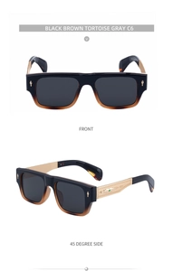 Detail view of square gradient frames and gold metal temples with green gemstone accents
