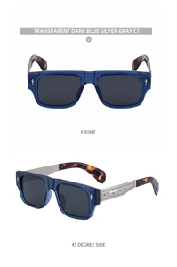 Close-up of square blue frames with silver metal temples and geometric engraving