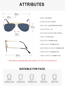 Size chart for aviator sunglasses with frame dimensions and product specifications
