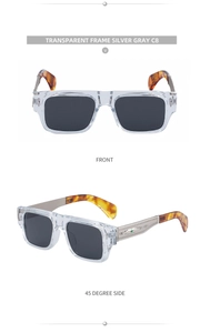 Detail of square sunglasses with transparent frame, silver gray lenses, and carved metal arms