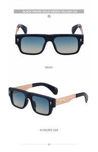 Detail of square sunglasses with gold engraved metal temples and gradient lenses