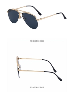 Dual-view display showing 45 and 90 degree side angles of golden metal aviator sunglasses