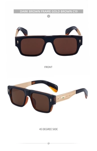 Detail of square brown sunglasses featuring intricate geometric engravings on gold metal temples