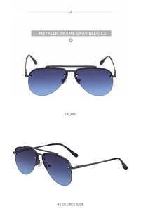 Front and 45-degree side view of gray blue gradient pilot sunglasses with metallic frame