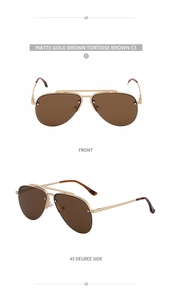 Front and side view of matte gold pilot sunglasses with brown lenses and tortoise tips