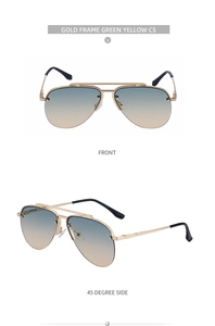 Front and 45-degree side views of gold pilot sunglasses with green yellow gradient lenses