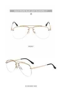 Detail view of gold semi-rimless aviator frame with transparent lenses and nose pads