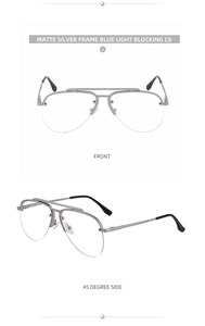 Front and side view of matte silver pilot semi-rimless frames with blue light blocking lenses