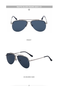 Close-up of matte silver pilot sunglasses with gray lenses and double bridge design