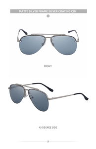 Front and 45-degree side views of matte silver aviator sunglasses with silver lenses
