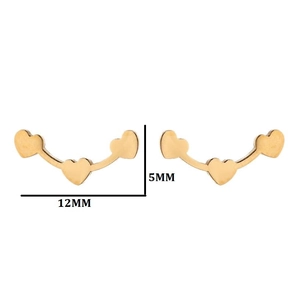 Detailed view of minimalist gold heart stud earrings showing 12mm length measurements