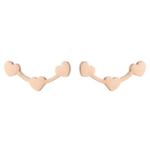 Detail of rose gold triple heart stud earrings with a curved elegant design