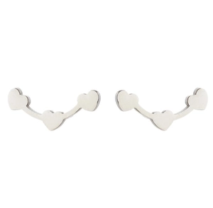 Detail view of triple heart silver ear climbers on a minimalist curved metal rod