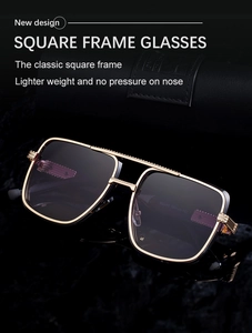 Close-up of square metal sunglasses with double bridge and detailed temple hinge design