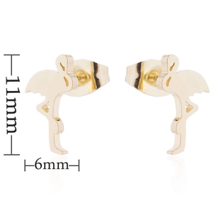 Detailed view of golden flamingo stud earrings with dimensions of 11mm by 6mm