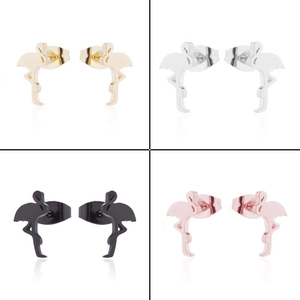 Set of minimalist crane stud earrings in gold, silver, black, and rose gold finishes
