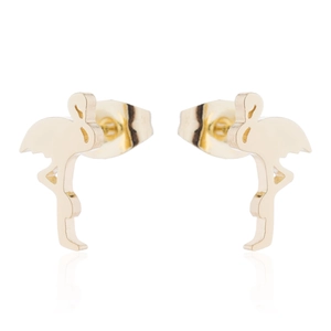 Polished gold flamingo stud earrings with butterfly backs on white background