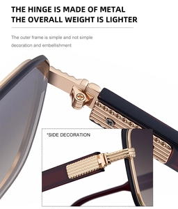 Detailed close-up of premium metal hinge and embossed temple design on square sunglasses