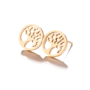Close-up of golden hollow tree of life stud earrings with detailed cutout patterns