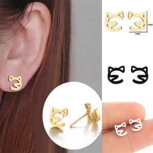 Stainless steel hollow cat ear studs in gold, black, and silver, size 7mm x 7mm