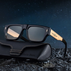 2025 square black frame sunglasses for men with gold embossed temples and leather case