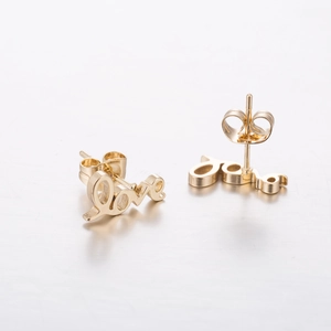 Elegant gold cursive Love script stud earrings with secure butterfly back closure