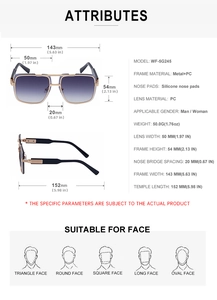 Detailed size specifications of square metal frame sunglasses with gradient lenses
