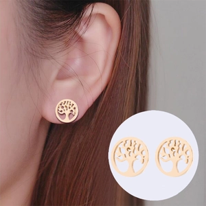 Golden round Tree of Life hollow stud earrings for women in geometric minimalist style