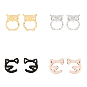 Minimalist stainless steel animal stud earrings set in owl and cat shapes, four colors