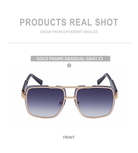 Front view of square metal double bridge sunglasses with gold frame and gradient gray lenses