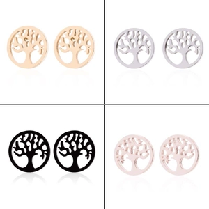 Set of four hollow Tree of Life stud earrings in gold, silver, black, and rose gold finishes