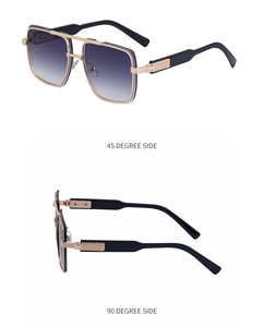 Detailed views of square metal sunglasses with double bridge and gradient lenses