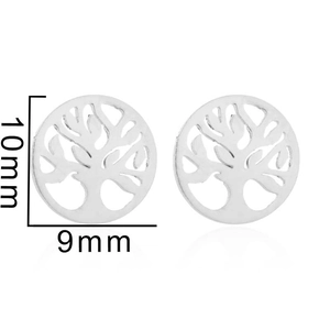 Detail showing dimensions of silver Tree of Life earrings measuring 10mm by 9mm in size