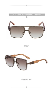 Front and side view of square brown coffee metal sunglasses with gradient lenses