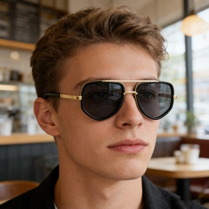 Classic square polarized pilot sunglasses for men with retro double bridge gold metal trim