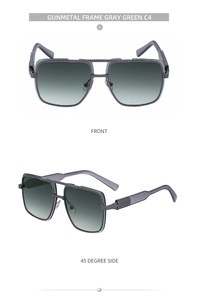 Front and 45-degree side views of gunmetal metal double bridge square pilot sunglasses