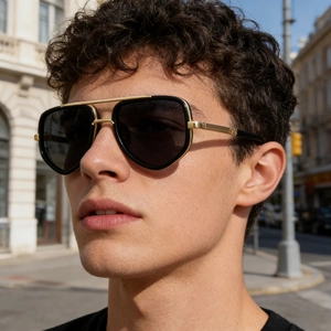 Classic aviator sunglasses featuring a black frame and gold metal double bridge on a male model