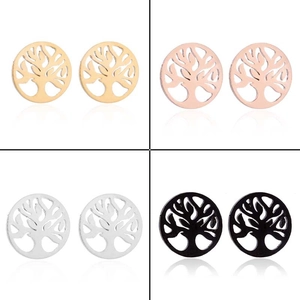 Detailed set of Tree of Life stud earrings in gold, silver, rose gold, and black finishes