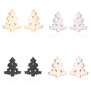 Detail view of four-color stainless steel Christmas tree stud earrings with star cutouts