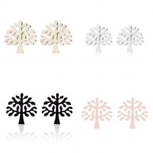 Detailed view of hollow tree stud earrings in gold, silver, black, and rose gold finishes