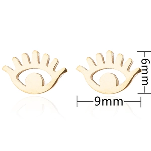 Detailed dimensions of gold stainless steel eye stud earrings on white background