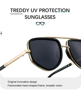 Detail shot of square black and gold metal polarized sunglasses with UV protection lens