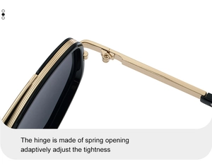 Macro view of gold spring hinge on square sunglasses for adaptive fit and durability