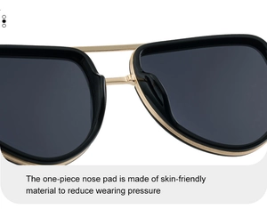 Detail of integrated skin-friendly nose pads on square polarized metal sunglasses