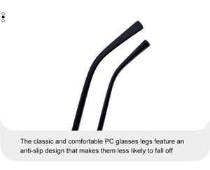 Close-up of black PC plastic temple tips with anti-slip curved design for sunglasses
