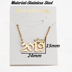 Gold stainless steel 2019 crown year pendant necklace with measurement details