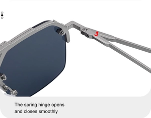 Close-up of durable metal spring hinge on semi-rimless sunglasses for smooth opening