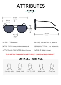 Detailed size chart for square polarized sunglasses showing frame width and lens dimensions