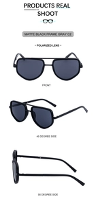 Three-angle view of matte black metal pilot sunglasses with gray polarized lenses